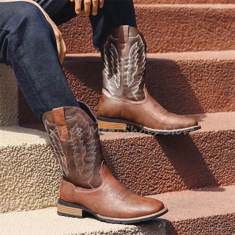 

Brown Retro Riding Comfortable Mid Calf Boots Desert High Quality Footwear Men's Western Cowboy Leather Embroidered Boots