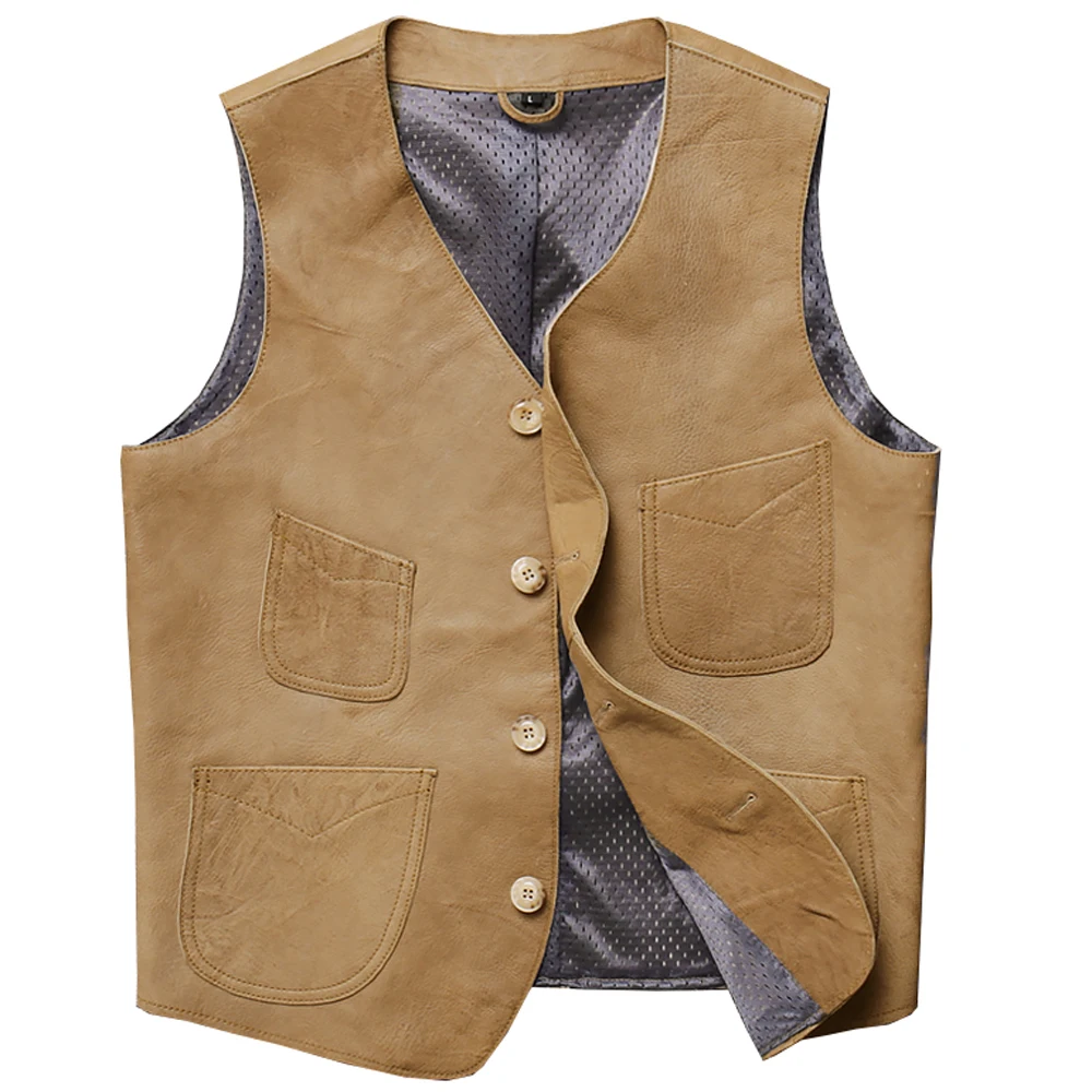 

Summer Style Motorcycle Men Vest Coat Sheepskin Cowhide Genuine Leather Waistcoat Workwear Retro Vest Man Vintage Streetwear