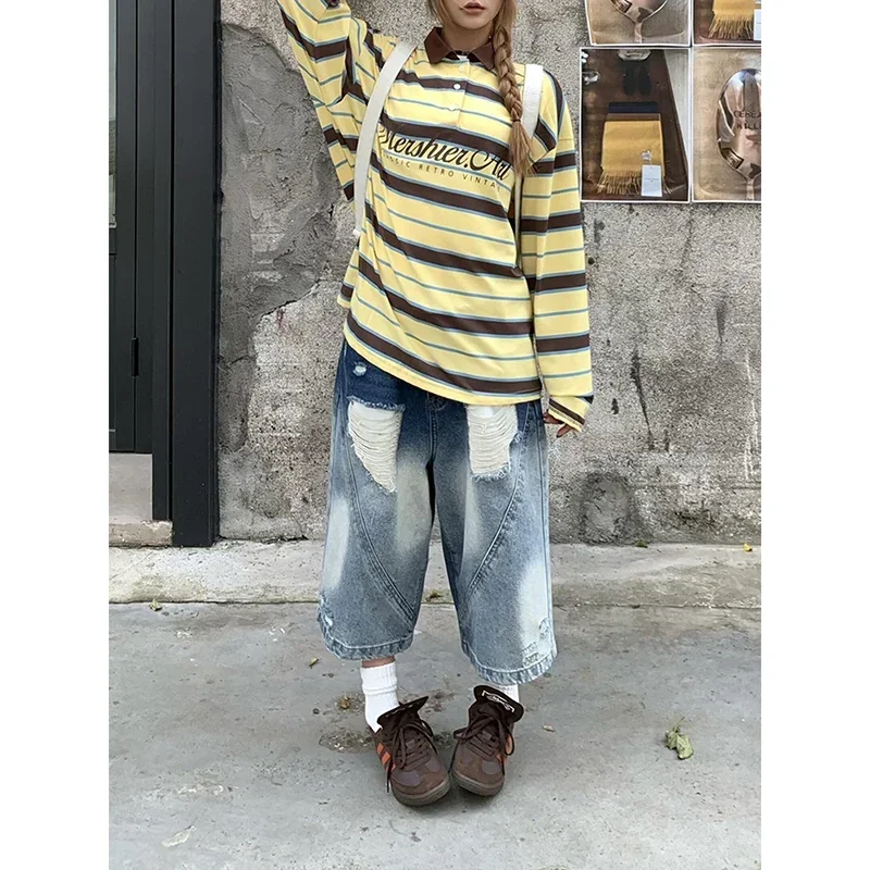 

Женские широкие синие рваные джинсы в американском стиле ретро с градиентом, лето 2025, джинсовые шорты с высокой талией, капри унисекс, свободные брюки