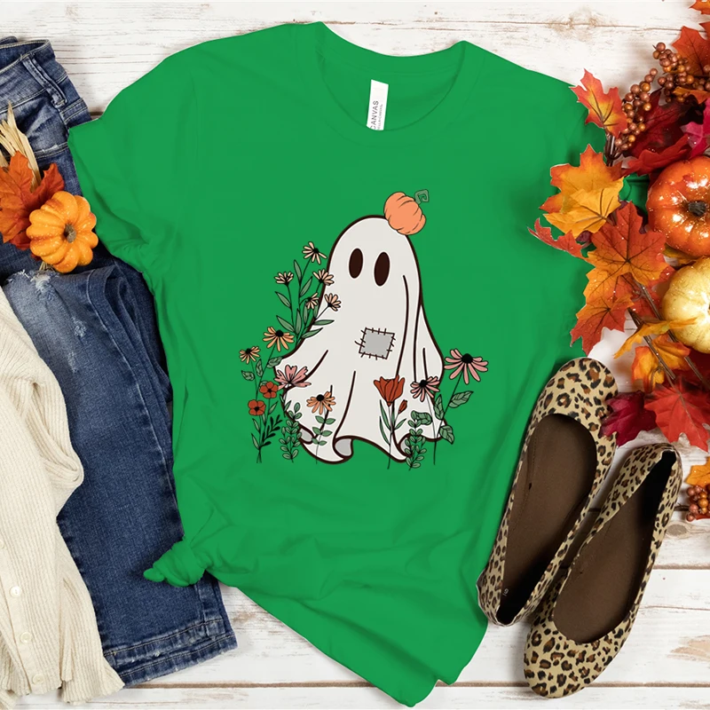 Summer Womans Halloween Flower Ghost Pumpkin Graphic T Shirt Fashion Female Short Sleeve Clothes Cartoon Funny Streetwear Tshirt