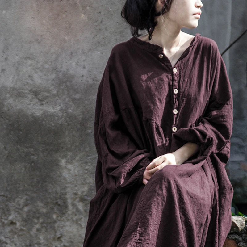

Oversized Women Cotton Linen Long Dress New Arrival 2025 Spring Vintage Style Solid Color Loose Female Casual Dresses M1503
