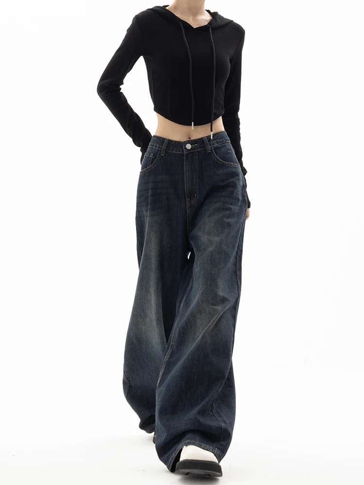 

American Style Wide Leg Jeans Women's Summer New Loose Washed Versatile Wide Leg Pants Straight Leg Cotton Stretch Denim