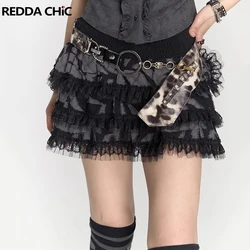 REDDACHiC Tiered Ruffle Mini Black Skirt Women Irregular Stitch Lace Trim Elastic Waist Puffy Cake Skirt Goth Dark Punk Clothes