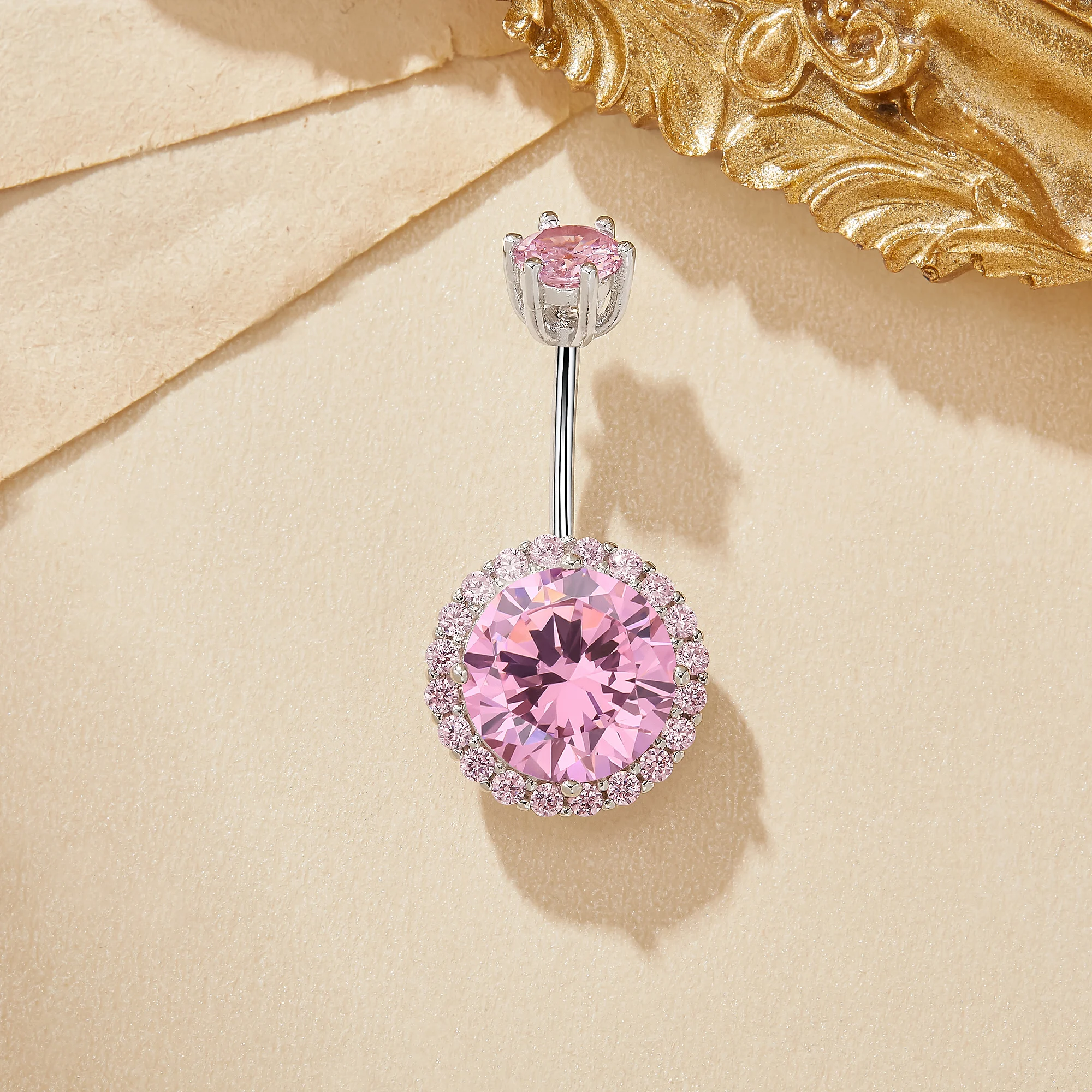 Halo Pink CZ Stone Solid 925 Sterling Silver Belly Button Ring Belly Piercing Navel Bar Curved Barbell Navel Ring 6710024