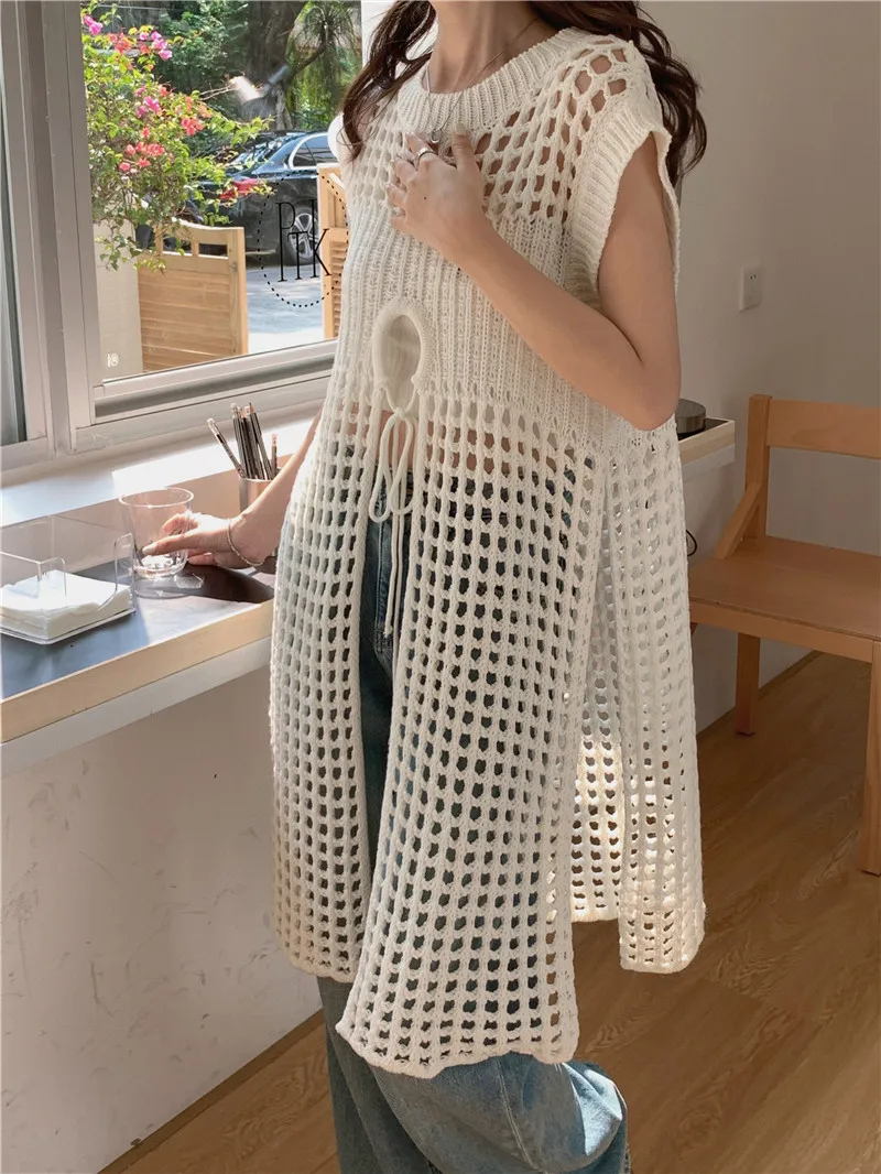 2024 Summer dress retro niche folded wear hollowed out knitted mesh dress double-sided can wear design sense sundress smock