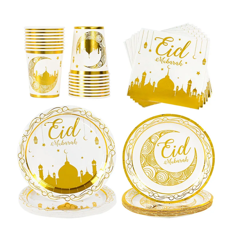 Eid Mubarak Ramadan Einweggeschirr Gold Pappteller Tasse Servietten mit Mond Stern Muster Islamische Festival Party Tischdekoration