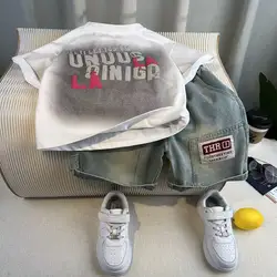 New Letter Short Sleeve Pullover T-Shirt+Jeans Shorts Baby Boys Clothes Kids Sport Outfit Summer 2PCS Boutique Casual Clothing