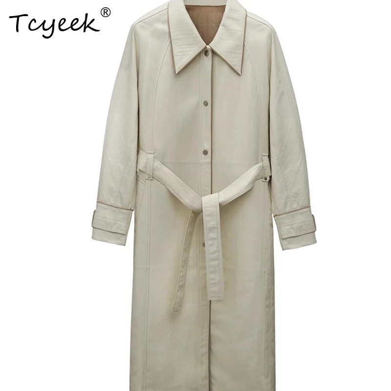 Tcyeek Echtes Schaffell Frühling Herbst Trendy Stehkragen Weiße Krawatte Lange frauen Echtes Leder Jacke Ж Ett Mohamedyddydd Mohamed