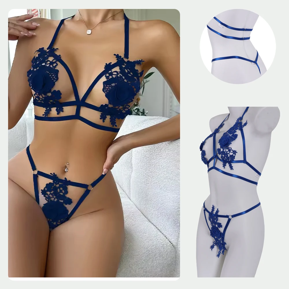 Sexy Spitze Blumen Dessous Frau Hot Durchsichtige Unterwäsche Stickerei Rose Exotisches Set Offener Anal Hohl-BH Onlyfan Erotische Kleidung