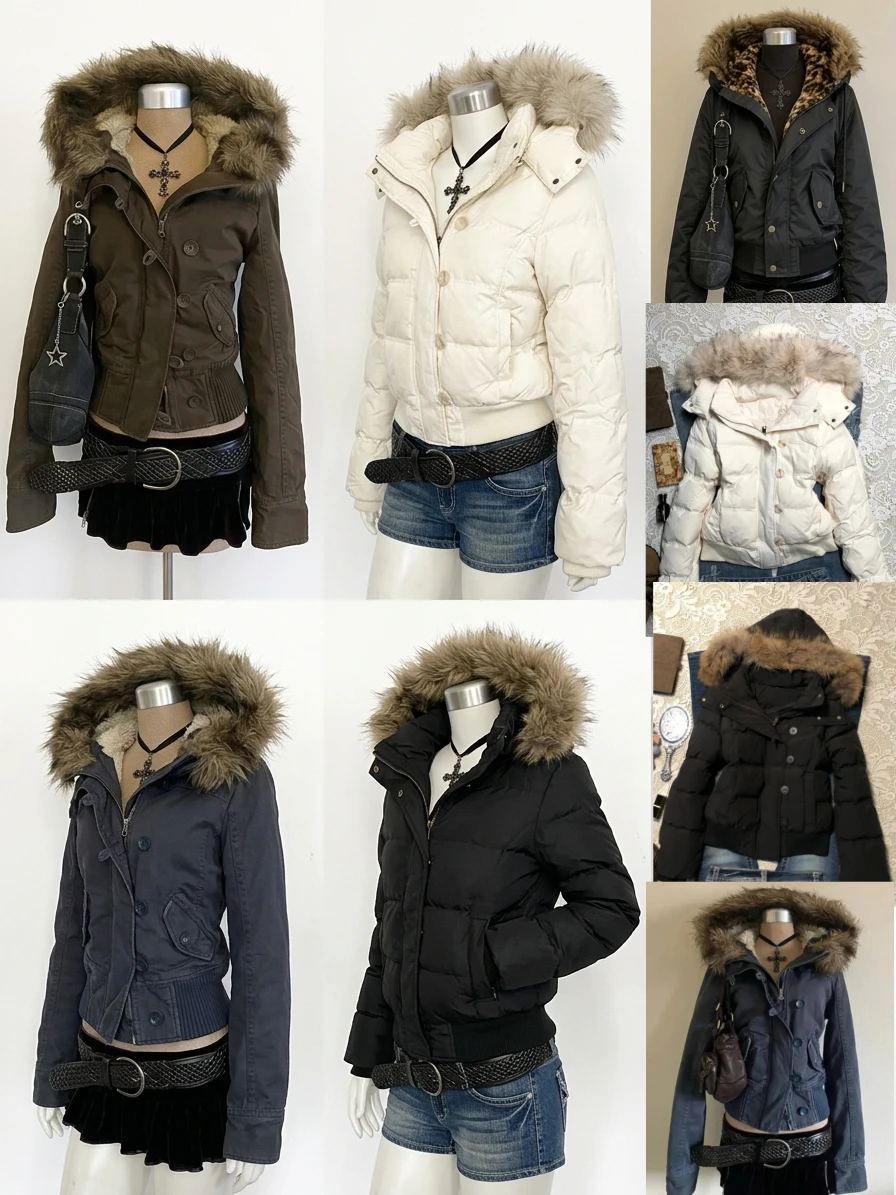 Women Y2K American Vintage Faux Fur Parka Coat Retro Cotton‑padded Outerwear Korean Street Style Warm Windproof Winter Jacket