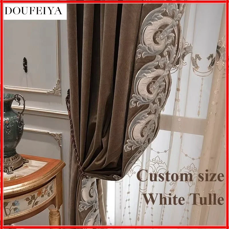 European Luxury Embroidery Coffee Blackout Curtains For Living Room Bedroom Dining Partition Door Custom Size Grace White Tulle
