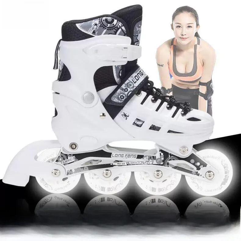 Night Glow Professional Roller Skates Single Row Four-Wheel In-Line Skates Adjustable Size Roller Blades for Roller Hockey
