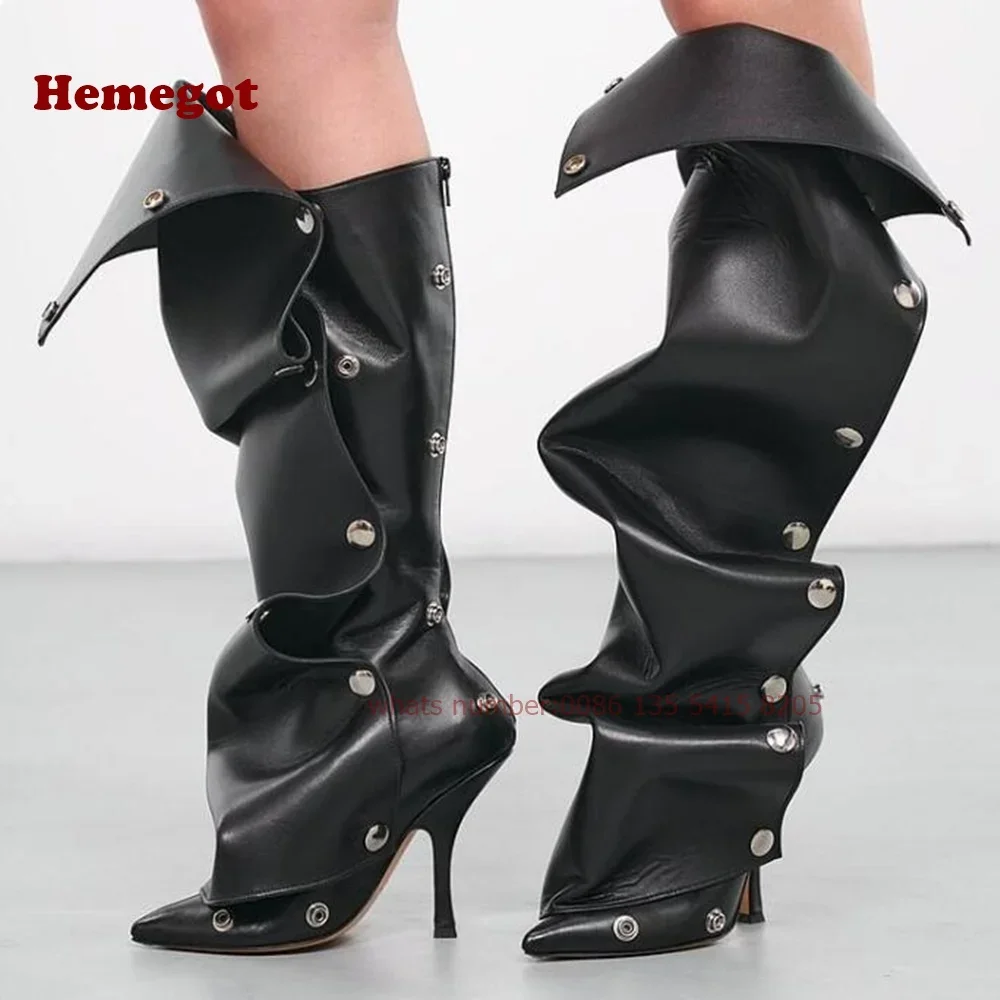 Brown Dark Washed Pointed Toe Snap Button Below-The-Knee Denim Boots Stiletto Heels Adjustable Customized Winter Shoes Luxury