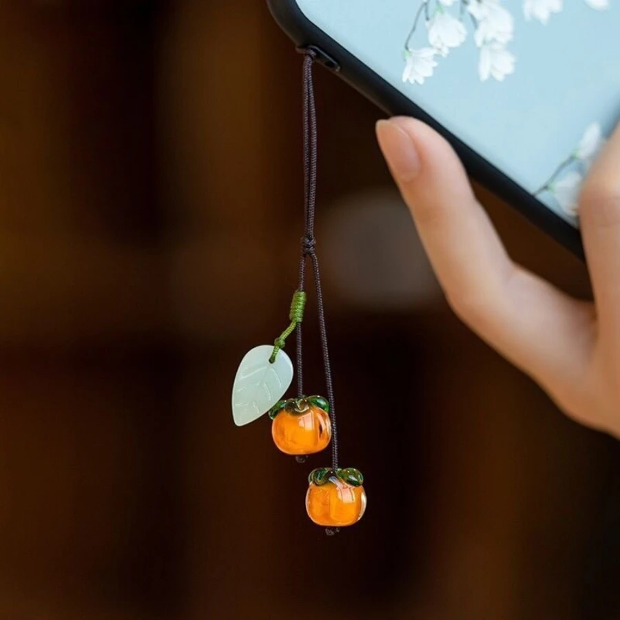 Good Luck Persimmon Glaze Phone Lanyard, Chinese Style Jade Bead Pendant Keychain Bag Hanging Charm Accessory
