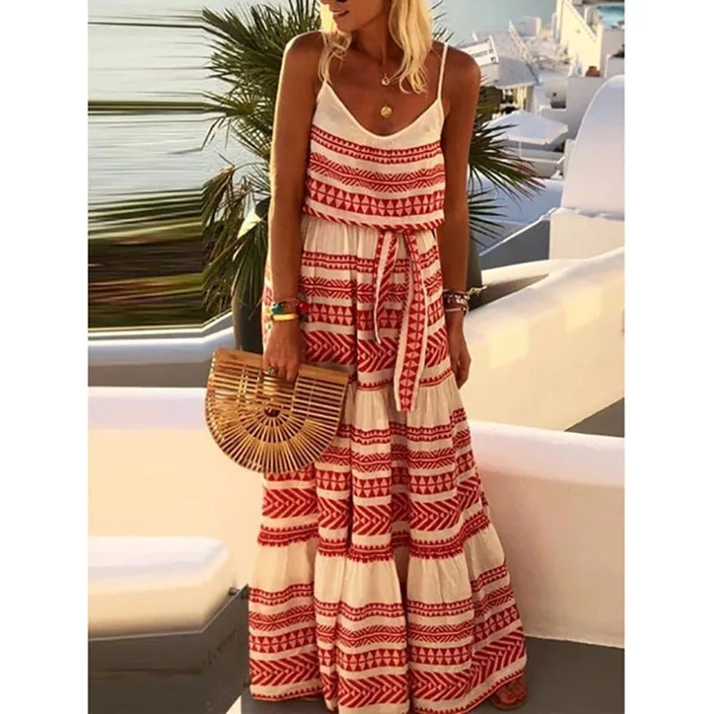 Bohemian Style Print Spaghetti Strap Long Dresses Women V-neck Leace-up Casual Beach Camisole Dress 2024 Summer New Lady Vestido