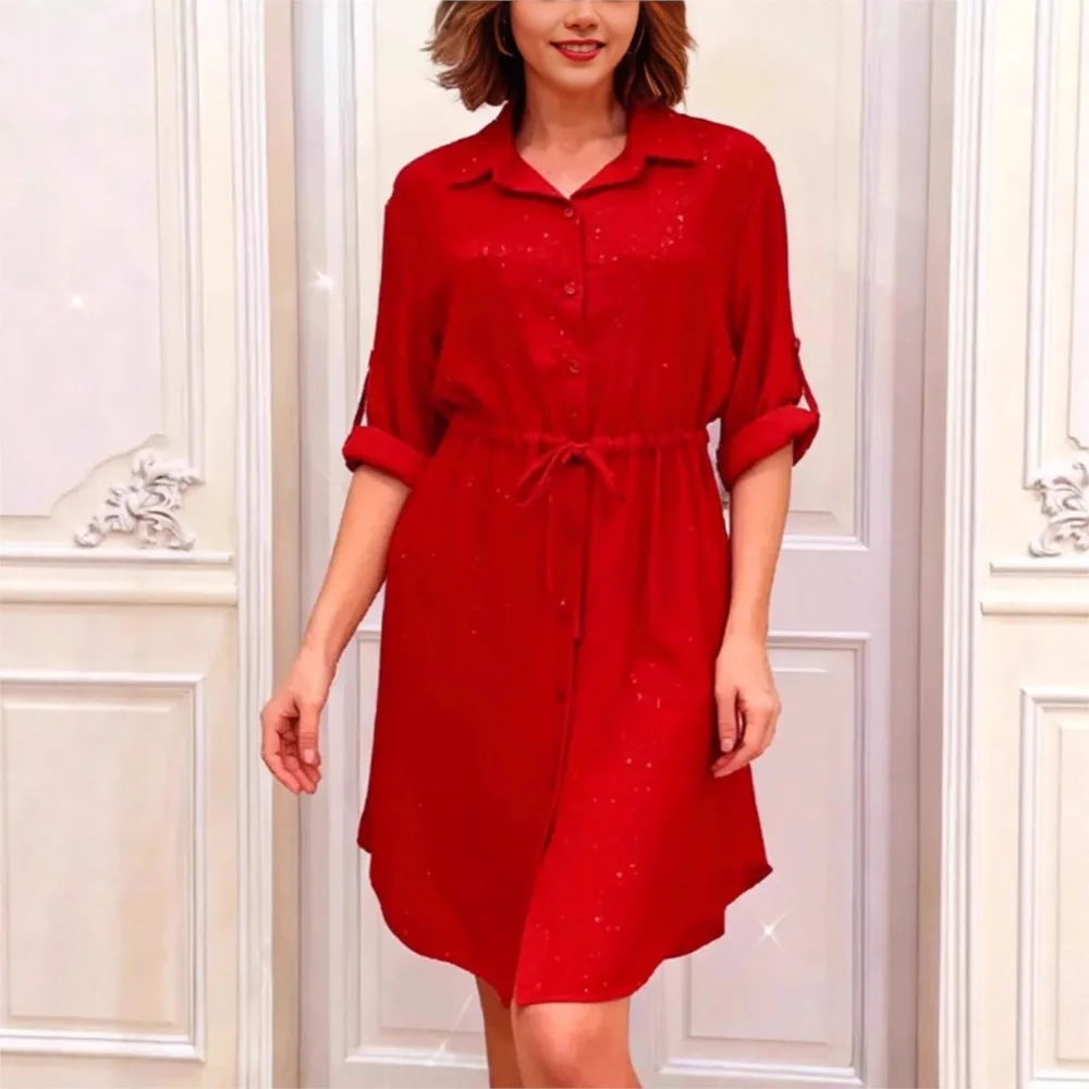 Women's Drawstring Blouse With Collar Dress Spring Casual Loose With Rolled Sleeves Single Button Fastening Woman Office Dresses