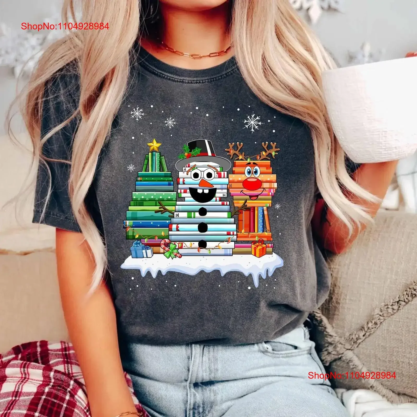 

Book Lover Christmas T Shirt Tree Snowman Reindeer gifts For Bookworm Teacher Librarian vintage Washed Comfortable fashion