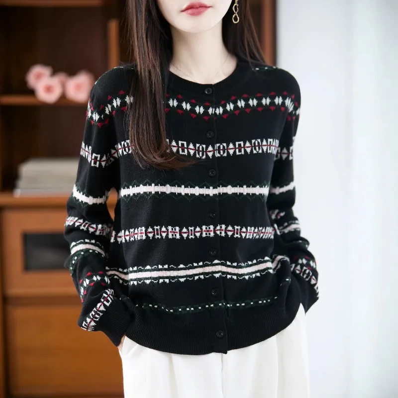 

2025 New Womens Clothing Crew Neck Sweater Cardigan Color Short Casual Sweater Jacket Autumn Winter Female Loose Knitwear Jacket