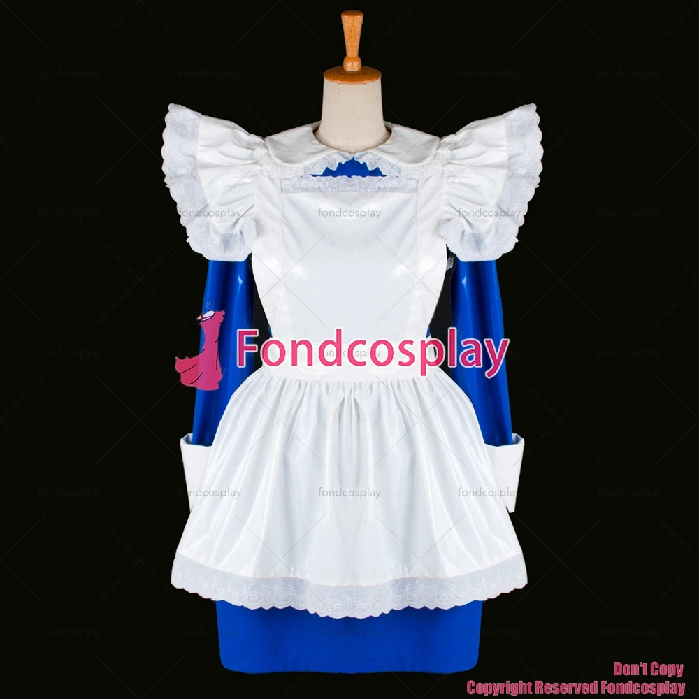 

fondcosplay adult sexy cross dressing sissy maid short Lockable French Uniform blue thin Pvc Dress white apron Custom-made[G772]