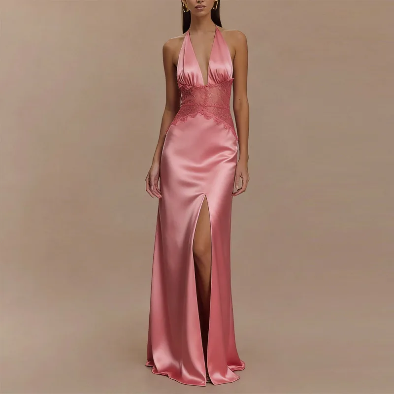 Sexy Backless Halter Maxi Dress Pink Satin Lace High Split Cocktail Party Night Out Outfits