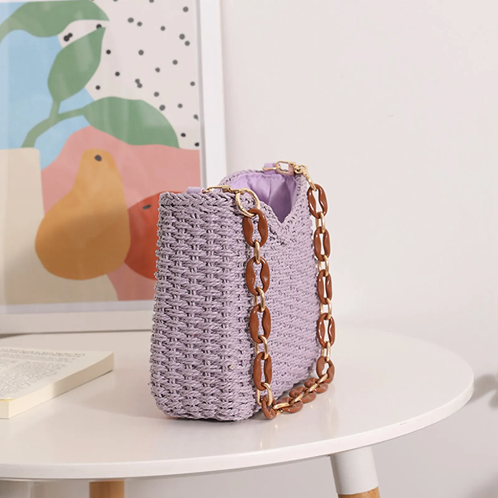

New Small Fresh Purple Underarm Woven Bag New Crescent Single Shoulder Solid Straw Woven Bag Women'S Beach Holiday Beach Bag