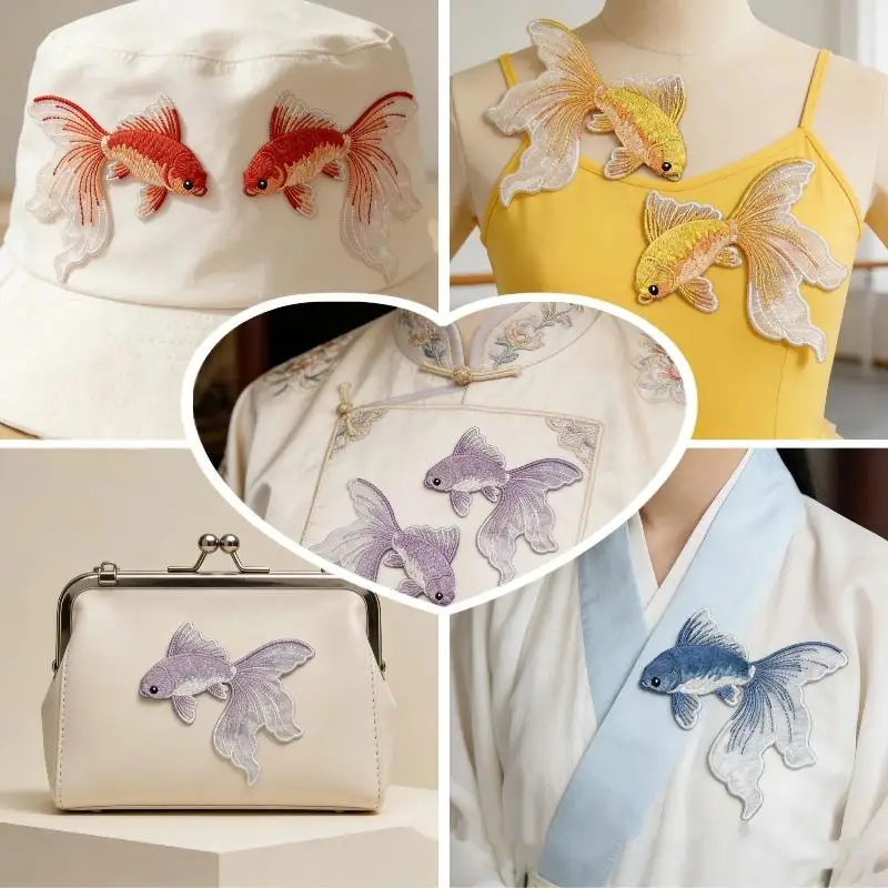 2Pcs Multi Color Goldfish Embroidery Patch Iron On Fabric Sticker For T Shirt Bag Hat DIY Clothing Repair