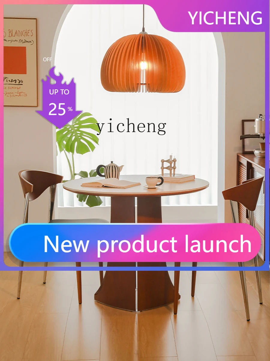 

LYY solid wood rock slab dining table household living room small apartment dining table retro round dining table and chair