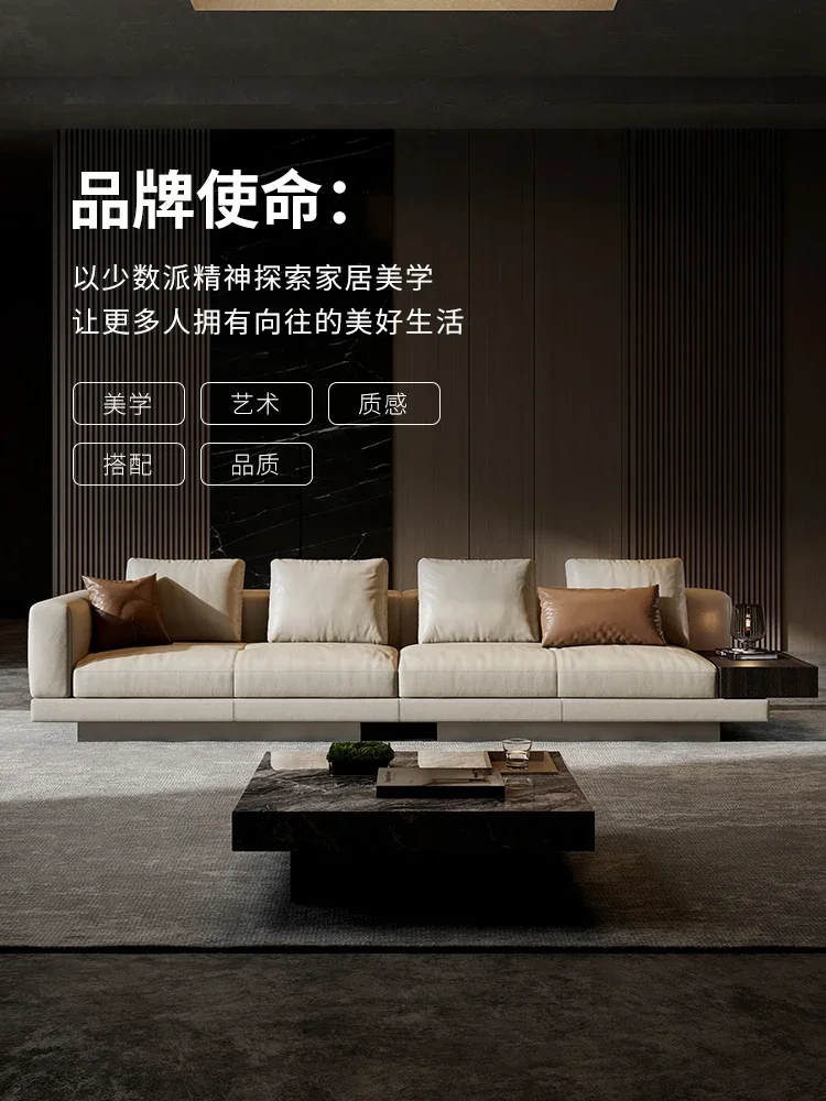 Guangchao Connelly Leather Sofa Villa Large Flat Floor Living Room Multi-person Straight Row with Side Cabinet