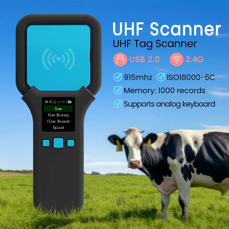 W91F UHF Animal Tag Reader ISO 18000-6C 915mhz RFID Pet Microchip Scanner Microchip For Pet/Dog/Cat/Pig 1000 Data Storage  TFT