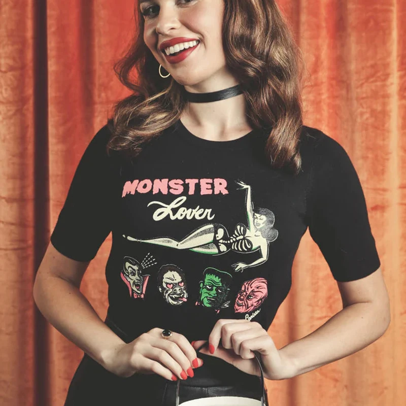 Monster Lover Cotton Wome T Shirts Vintage Loose Halloween T-shirt 90s Grunge Gothic Clothes Devil Scary Witchy Comfort Tshirt