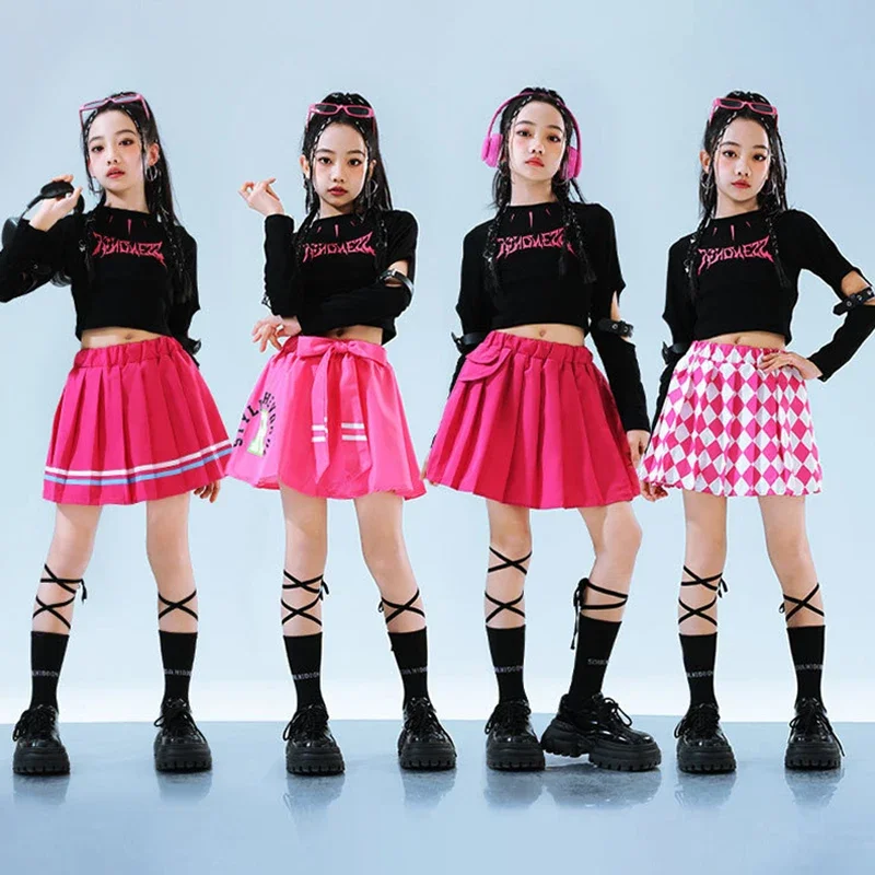 

Kid Jazz Dance Costume Girl Kpop Stage Outfit Crop Top Black Mini Skirt Pink Fashion Show Performance Wear Jazz Streetwear