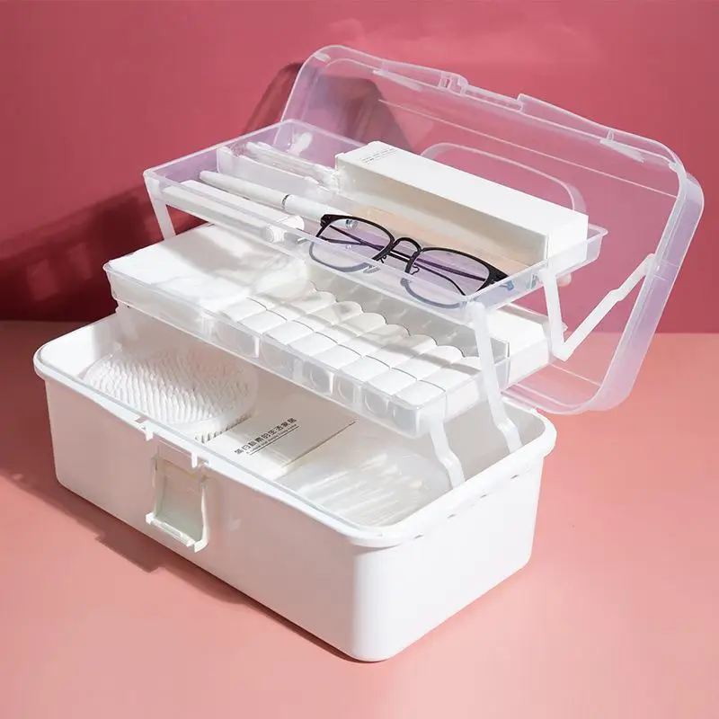 3-Layer Foldable Storage Box With Clear Lid Portable Organizer Case For Cosmetics, Medicine, Art & Stationery
