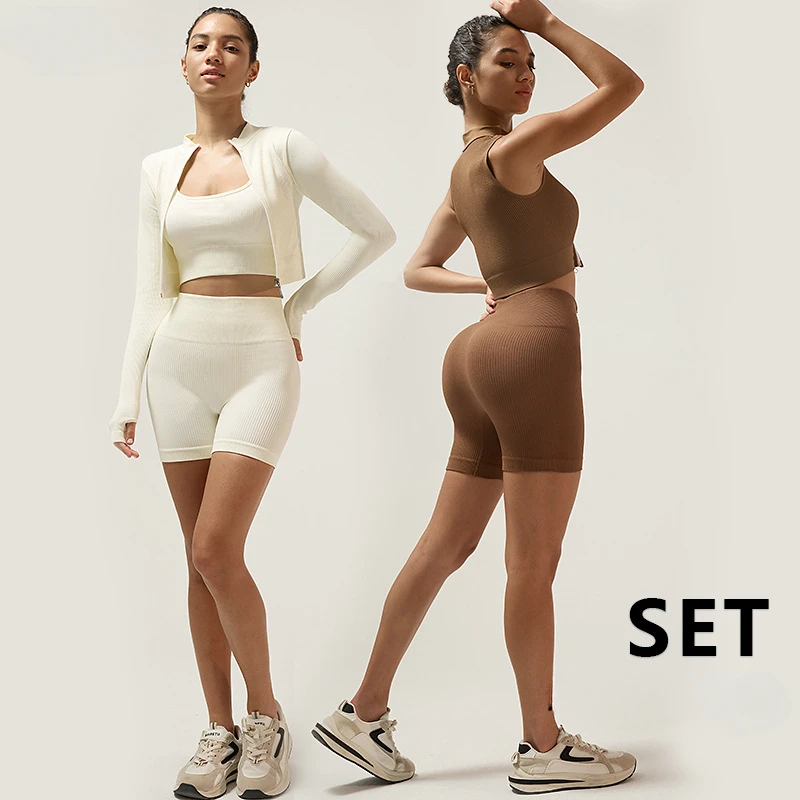 Gym Kit for Women High Elastic Seamless Yoga Set Sexy Backless Bra Zipper High Neck Vest Long Sleeve Short Sleeve Fitness Pants