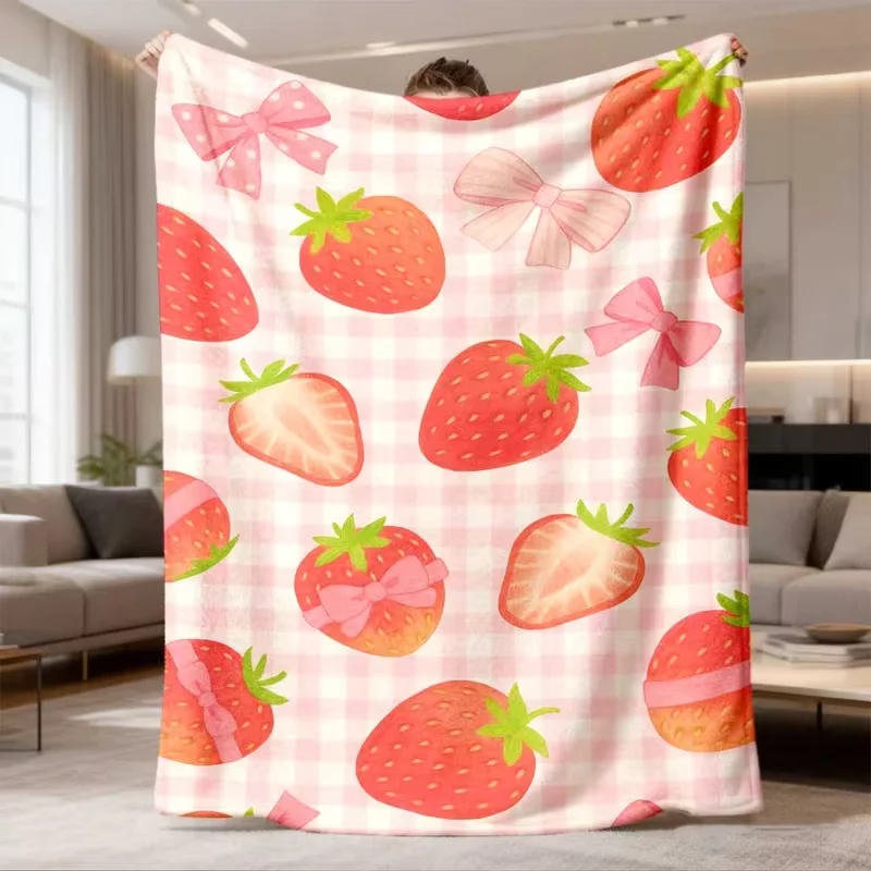 Pink Gingham Strawberry Bow Blanket Sweet Fruit Ribbon Print Soft Throw Blanket for Sofa Bed Bedroom Cute Holiday Decor