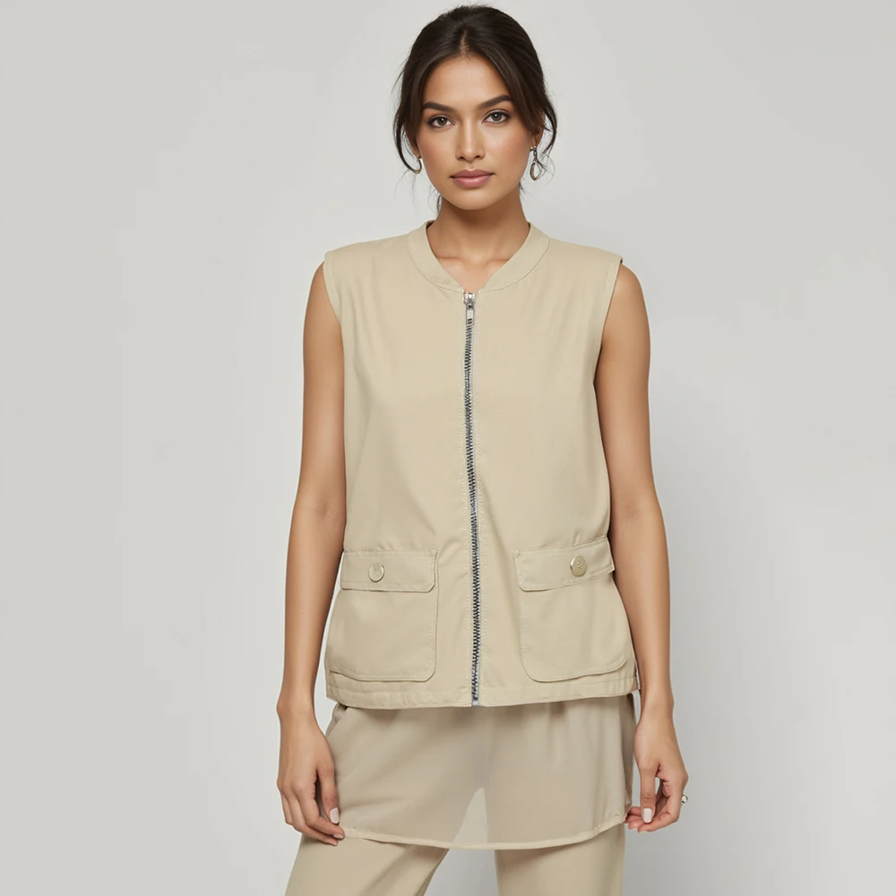 

Mia Muse Boutique Women's Vests Autumn Winter Safari Style Plain Pockets Zipper Open Front Sleeveless Crew Neck Casual Vests