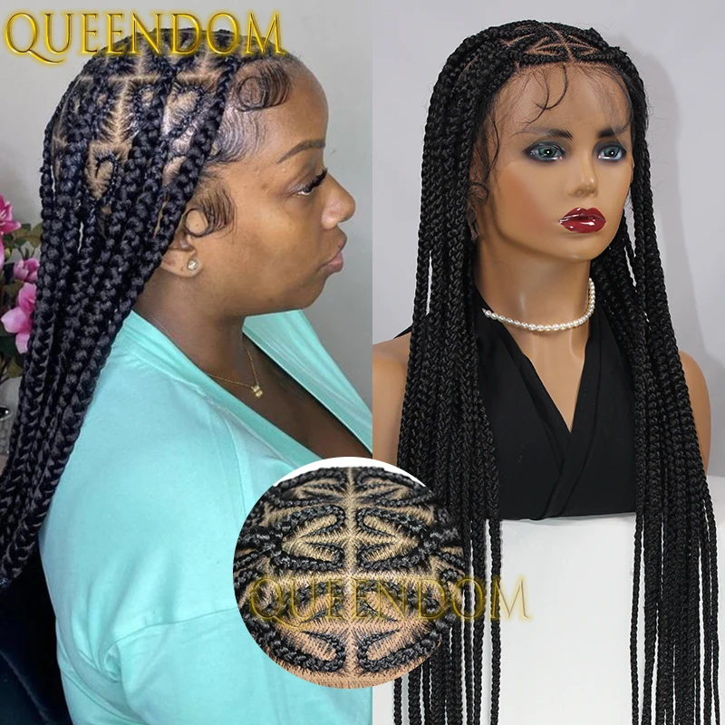 Synthetic 36 Inch Cornrow Plaits Braid Wig Full Lace Heart Shape Crochet Braided Wig for African Women Distressed Box Braids Wig