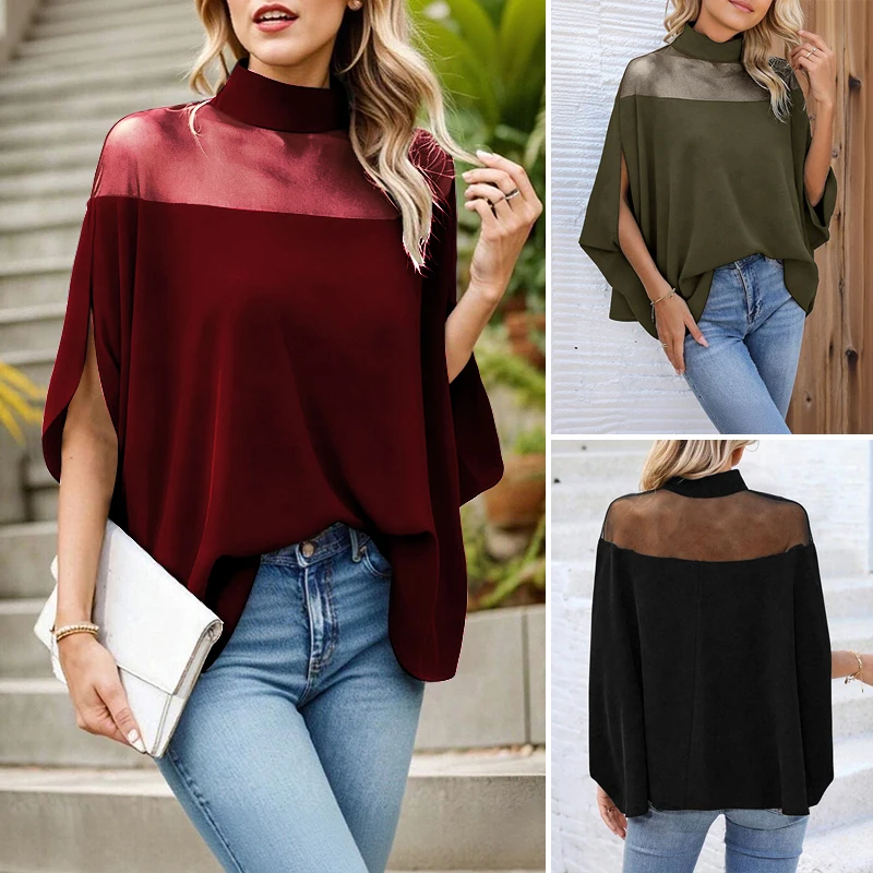 VONDA Elegante Frauen Bluse 2026 Mode Samt Tops Mesh Patchwork Büro Blusas Herbst Stehkragen Fledermaus Ärmel Hemd Streetwear