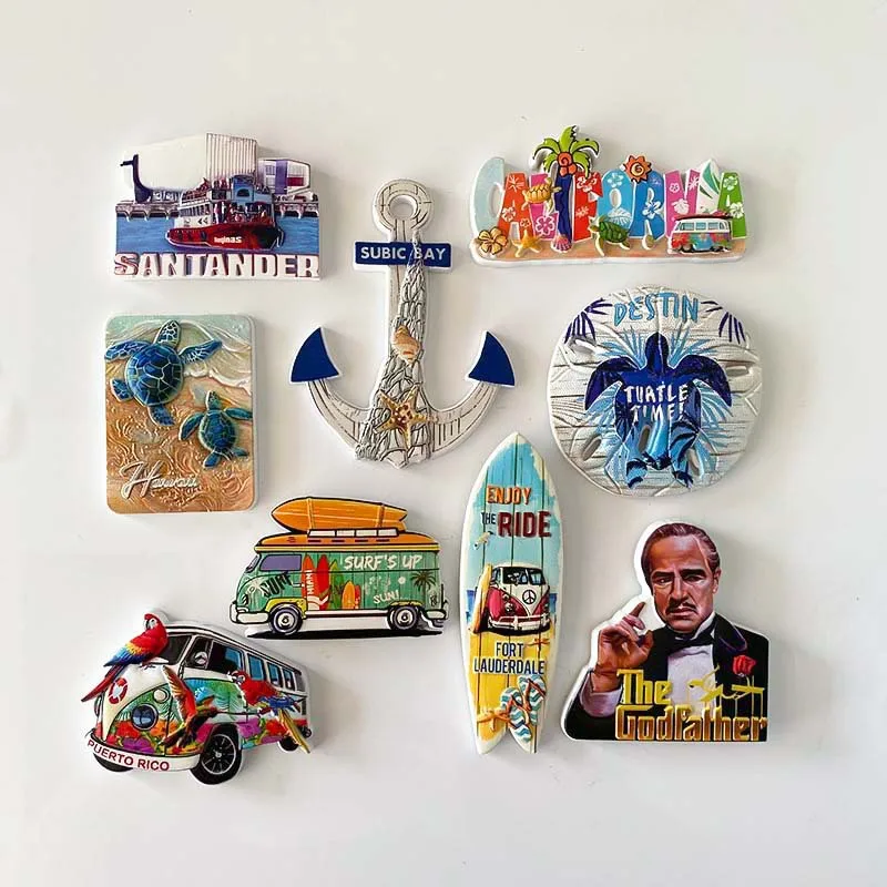 Spanish Santander Ship, Philippine Subic Bay Anchor, US Destin Turtle, Hawaii Surf Bus & Godfather Fridge Magnets | Home Decor