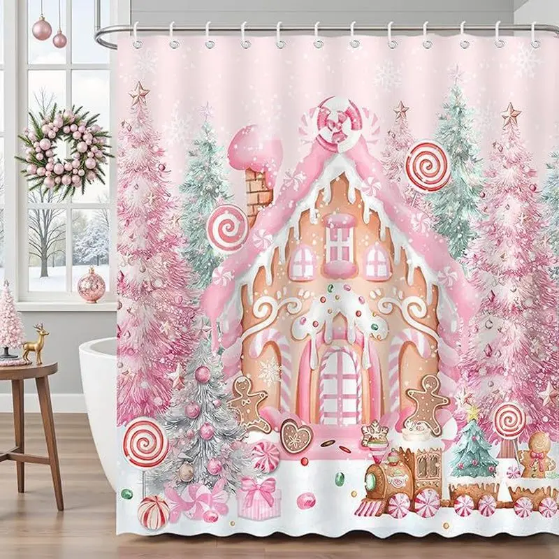 VIKAMA Xmas Shower Curtain, Sweet Gingerbread House Candy Train Pattern, Light Blue Snow Scene Waterproof Bathtub Curtain