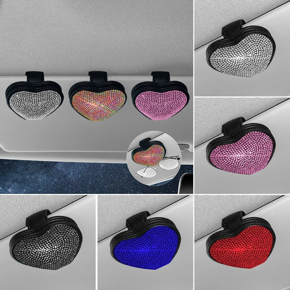 Rhinestone Crystal Love Car Glasses Clip Holder Visor Clip Glasses Sunglasses Card Clip Holder Bling Auto Accessories for Women