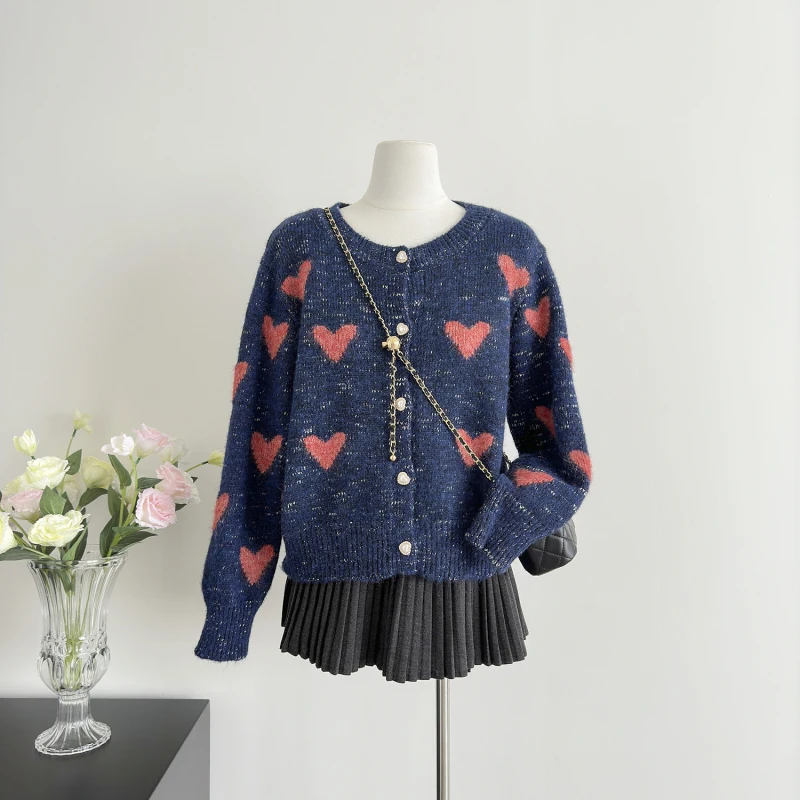 Autumn New Korean-Style Loose Love Design Knitted Cardigan Elegant Round Neck Casual Versatile Sweater Coat For Women