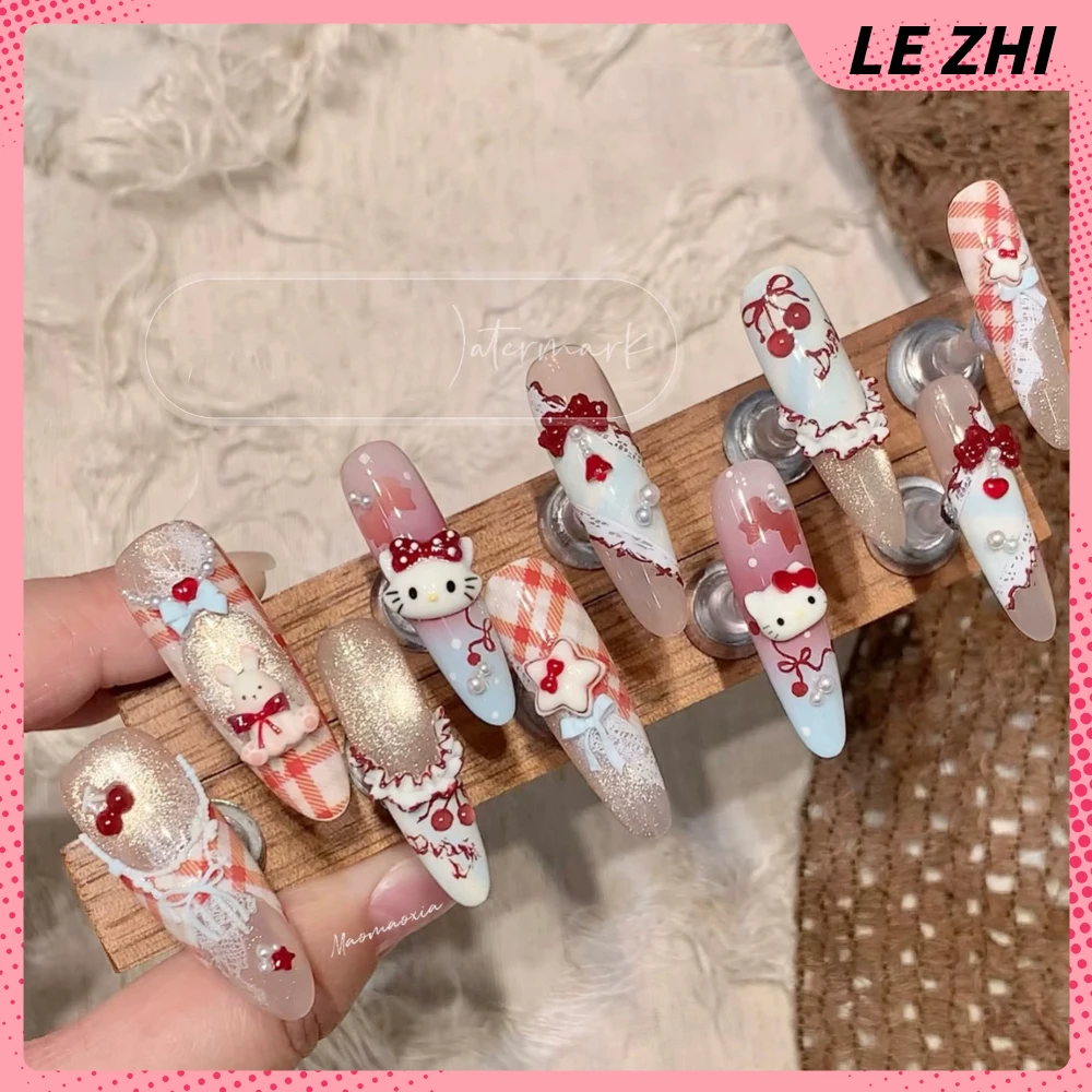 10Pcs Stiker Kuku Panjang Stiletto Buatan Tangan Motif Kartun Hello Kitty Pink, Cherry Pearl Cream Bowknot French Press On Nail