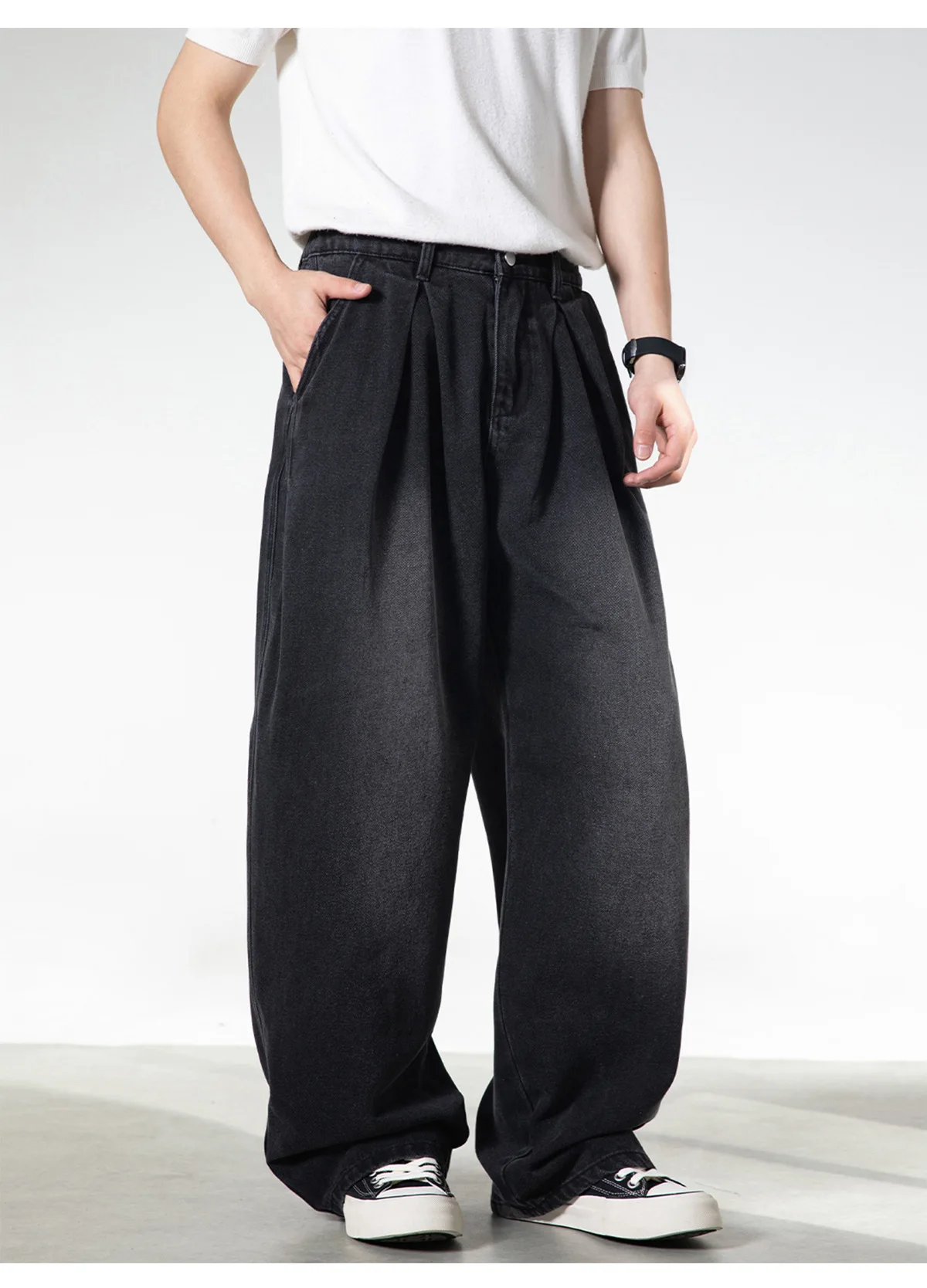 Retro Washed Denim Trousers Men Wrinkle-effect Design Relaxed Straight-leg Casual Long Trousers