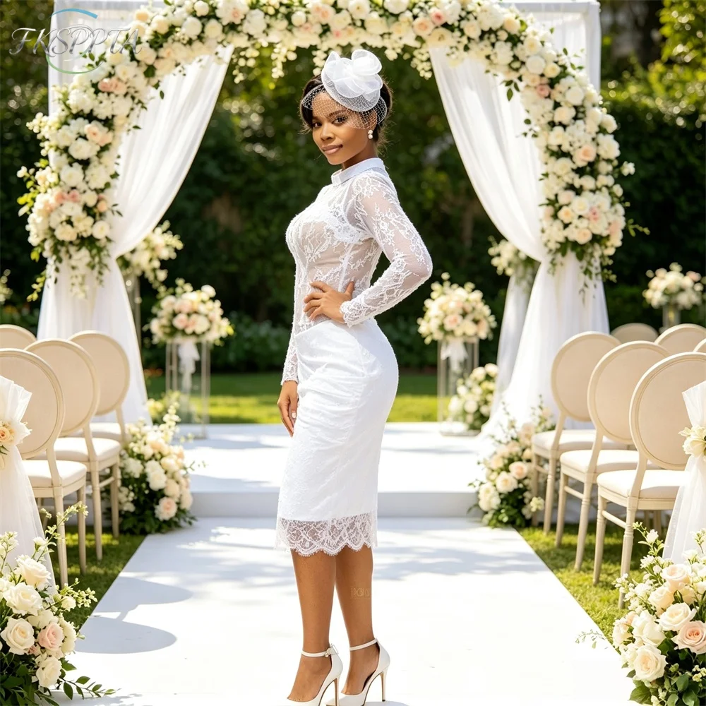 New Short Lace African Wedding Dress Sheath Full Sleeves O Neck Tea Length High Quality Wedding Party Gown For Bride Custom Made