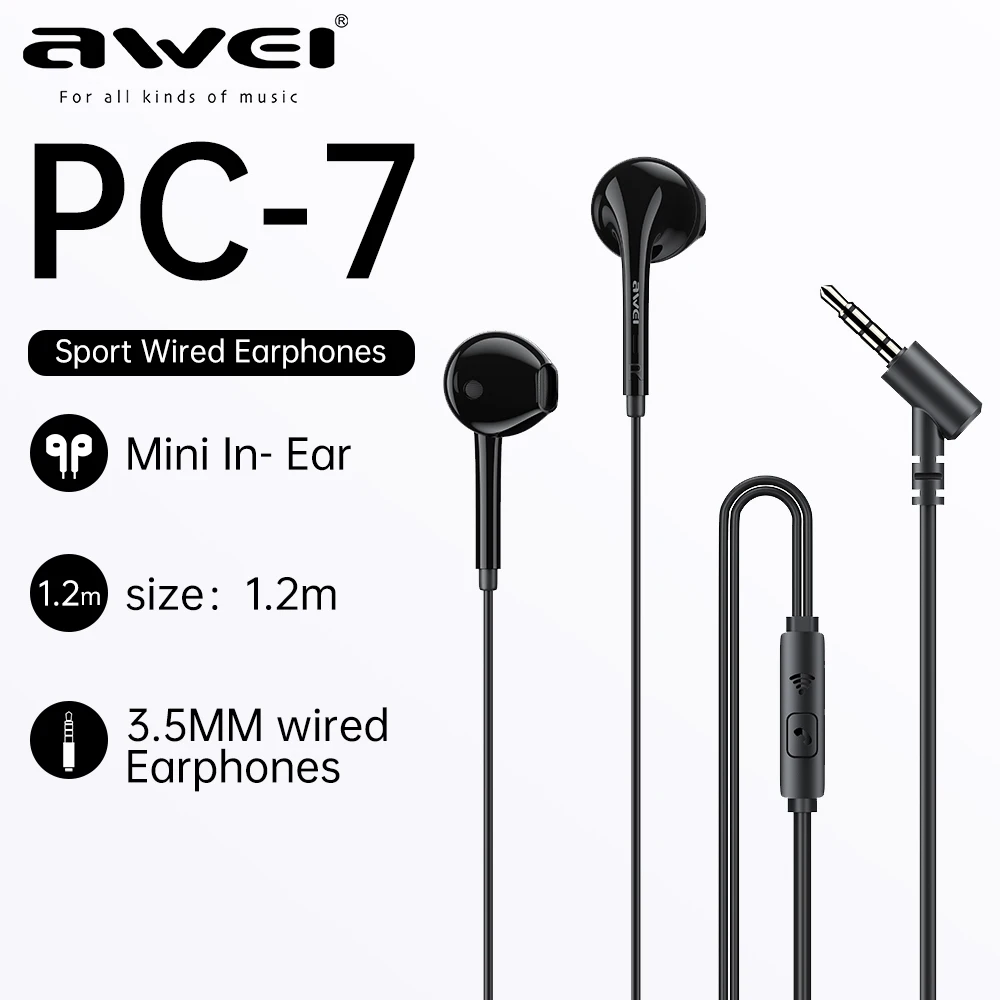 

Awei PC-7T Wired Earphones With Mic Hands-free Calls Sports Music Earbuds Ergonomic Comfortable Earphones for Samsung/Xiaomi PC