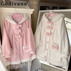 Original Pink Lolita Woolen Coat Women's Cute Sweet Girls Bow Fleece Hooded A-Line Coats and Jackets Women Autumn and Winter
