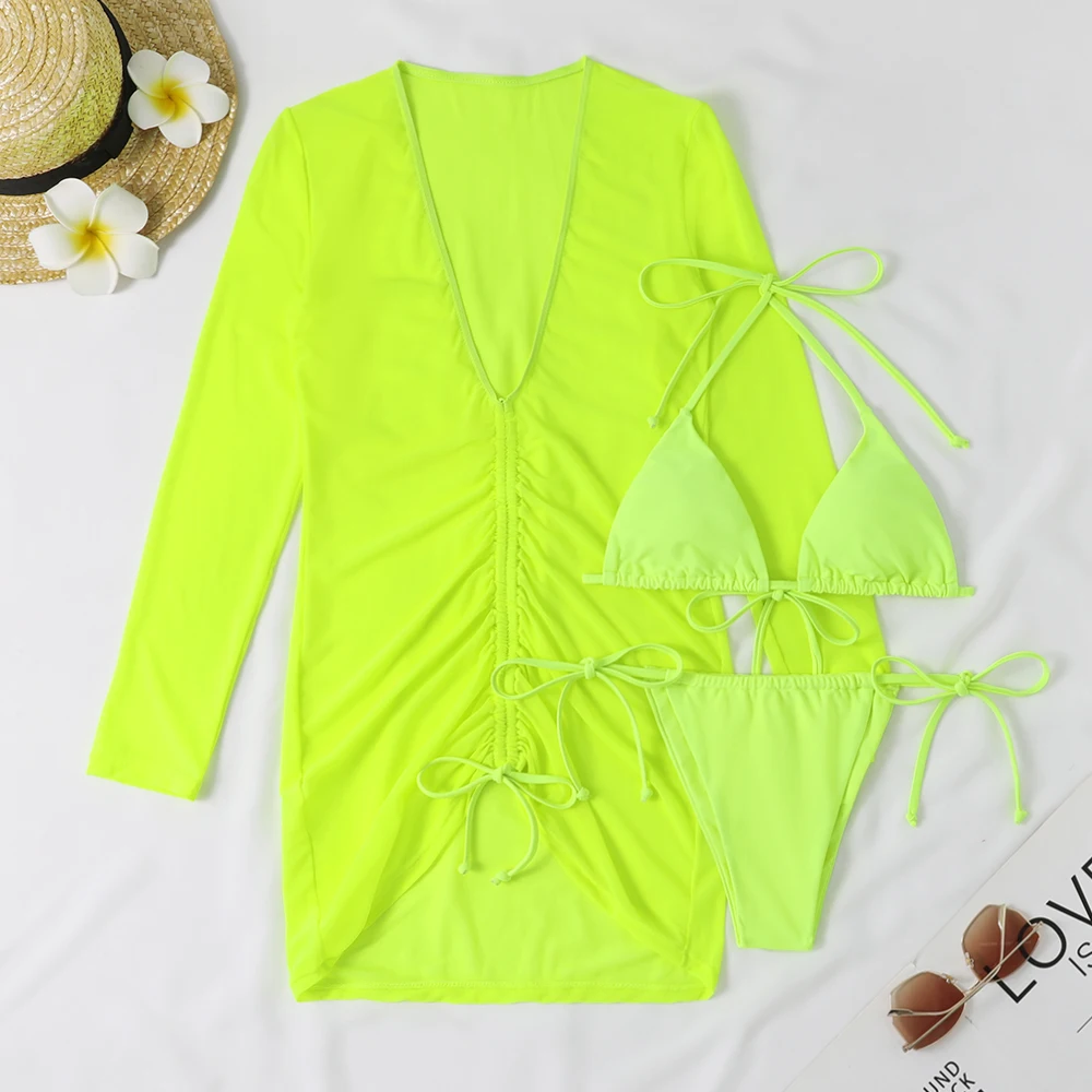 Fluorescente 2023 beachwear maiô de três peças cobrir mulheres nadar vestido sexy maiô malha terno verão bodysuit