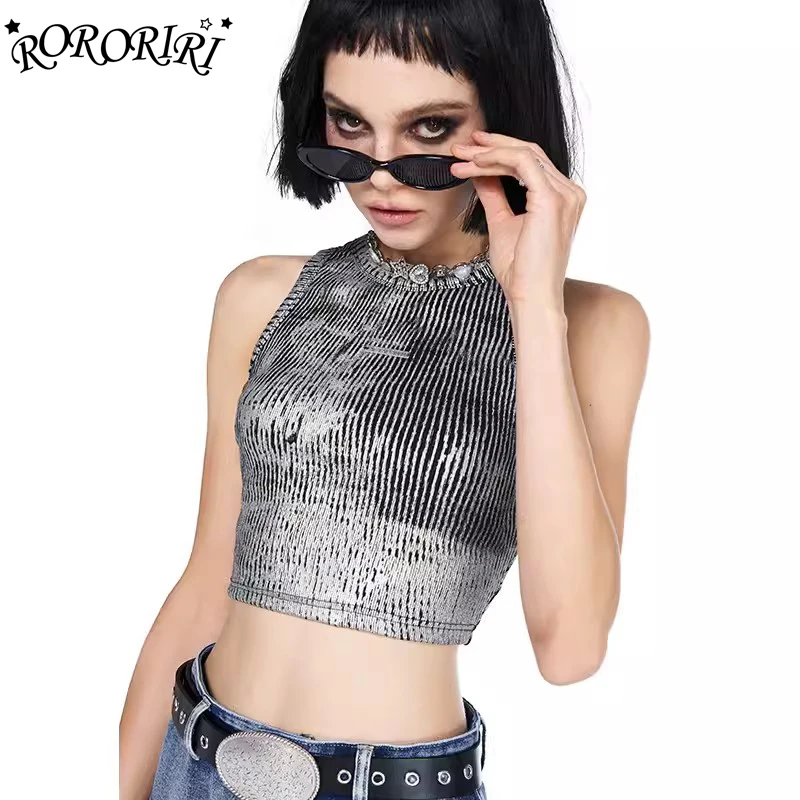 

RORORIRI Metallic Printed Crop Top Women Silver Punk Ribbed Cotton Summer Fitted Tank Top Sleeveless Vest Vintage Y2k Streetwear