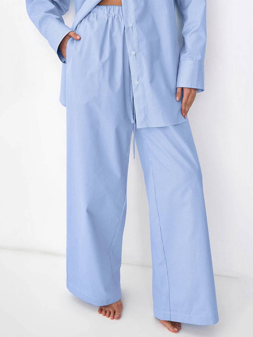 Marthaqiqi Striped Female Nightgowns Set Long Sleeve Nightwear Turn-Down Collar Pajama Pants Causal Women Sleepwear 2 Piece Suit