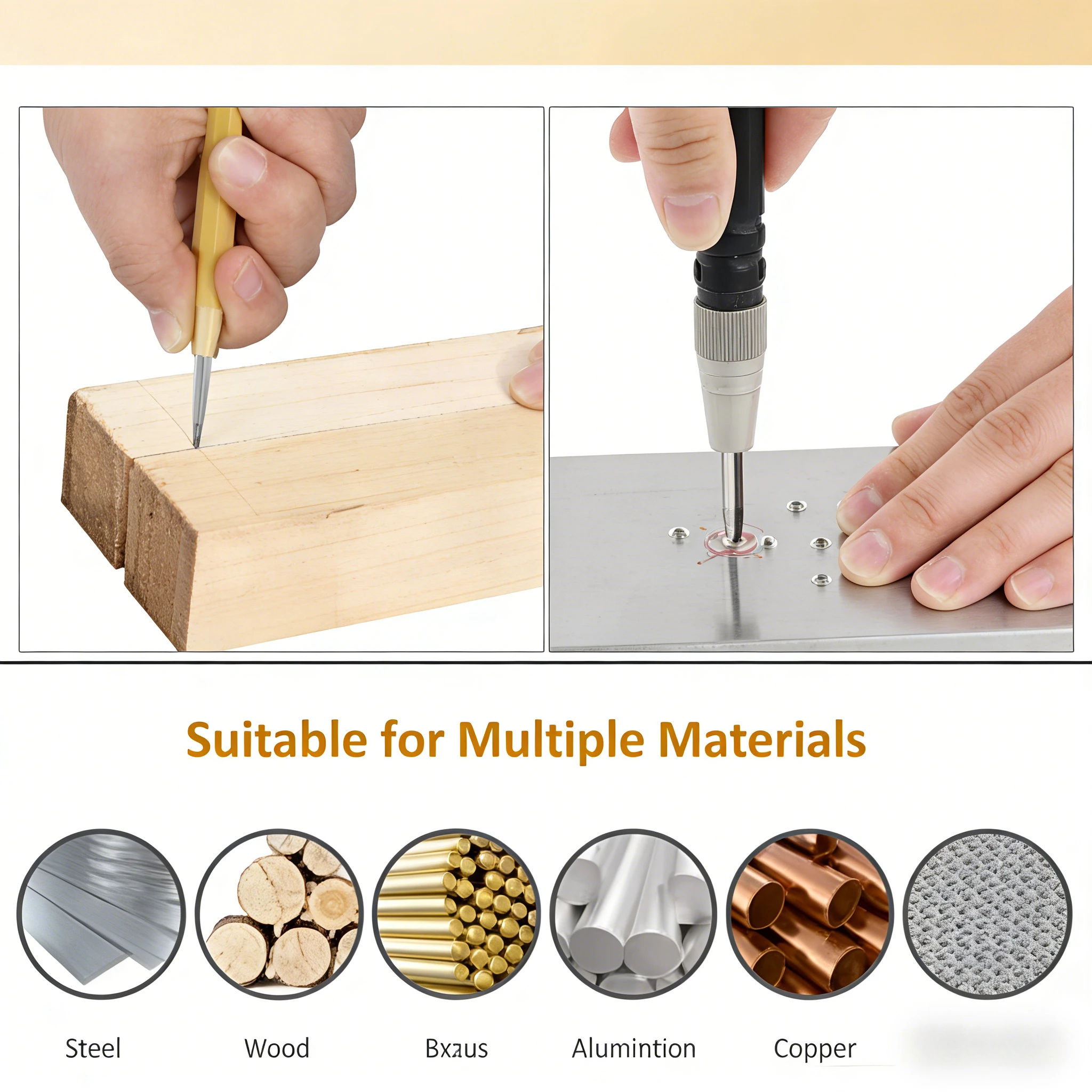 Automatic Center Punch, Spring Loaded Marking Tool for Wood Metal Steel, Drill Locator, Heavy Duty Punch for Carpentry & DIY